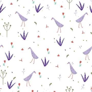 Purple birds and other plants with flowers Stock Illustration