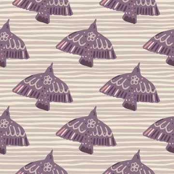 Purple birds seamless pattern. Hand drawn animal silhouettes on grey backgrou Stock Illustration