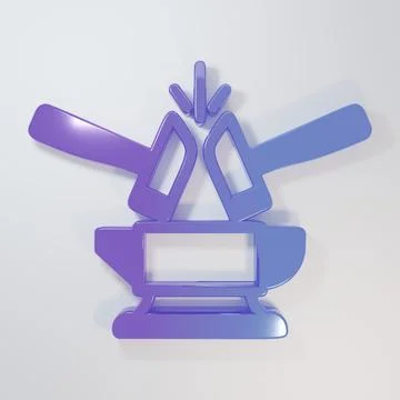 Purple-blue Blacksmith anvil tool and hammer icon isolated on grey backgrou.. Illustrazione stock