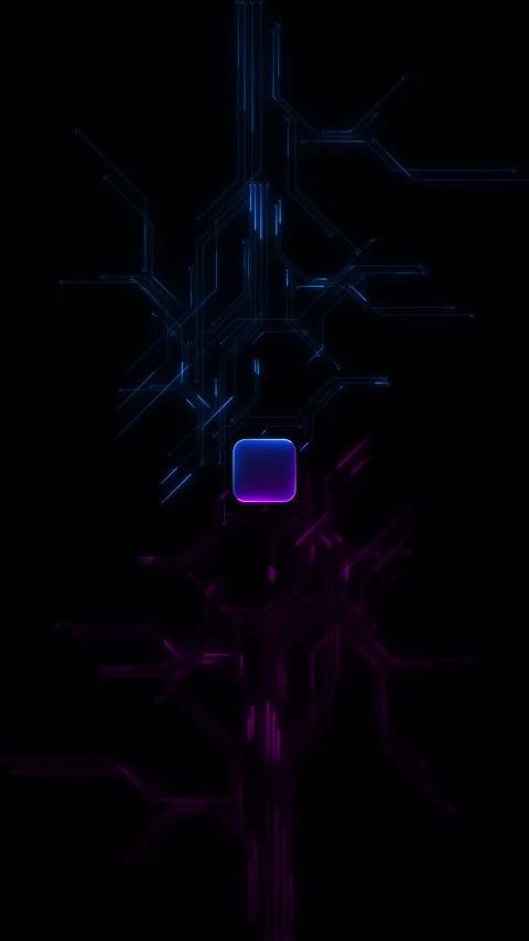 Purple blue electronic circuit scene glowing center chip, connected trace lines, Stock Footage 340397622