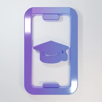 Purple-blue Graduation cap on screen smartphone icon isolated on grey backg.. Stock Illustration