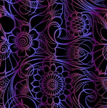 Purple blue iridescent seamless pattern on black background, floral repeating Stock Illustration