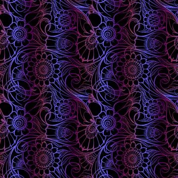 Purple blue iridescent seamless pattern on black background, floral 스톡 일러스트