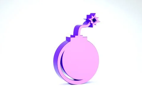 Purple Bomb ready to explode icon isolated on white background. 3d illustrati Stock Illustration