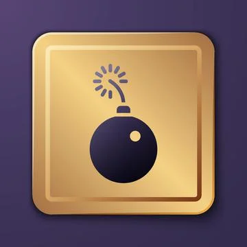 Purple Bomb ready to explode icon isolated on purple background. Gold square Illustrazione stock