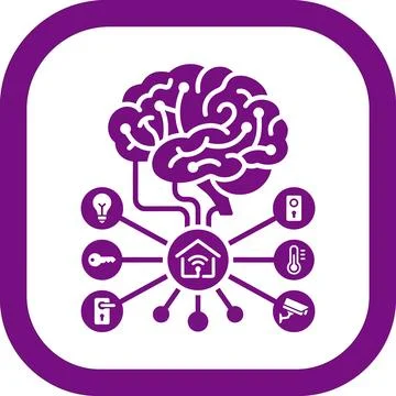 Purple brain icon controlling smart home systems with diverse automation sy.. イラスト素材