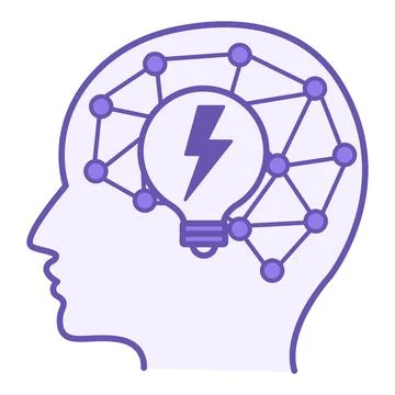 Purple Brainstorm Icon. Vector Icon. Human Head, Brain, and Light Bulb. Usi.. Stock Illustration