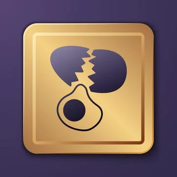 Purple Broken egg icon isolated on purple background. Happy Easter. Gold square Stock Illustration