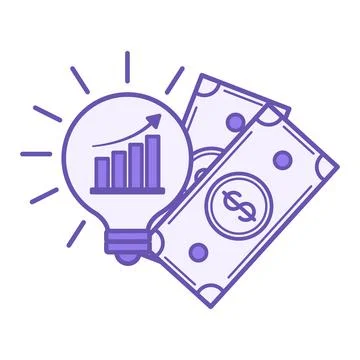 Purple Business Idea Icon. Vector Icon. Glowing Light Bulb, Chart with Up A.. Stock Illustration