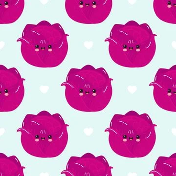 Purple cabbage characters seamless pattern with hearts Stock Illustration