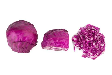 Purple Cabbage half and slice isolated on white background Stock Photos