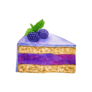 Purple cake with blackberry and icing. Hand drawn watercolor illustration Stock Illustration