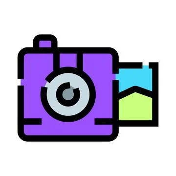 Purple camera creating image flat line icon Stock Illustration