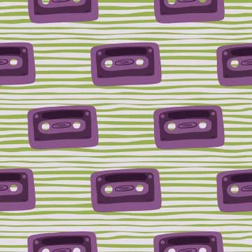 Purple cassette doodle seamless pattern. Disco print on green stripped backgr Stock Illustration