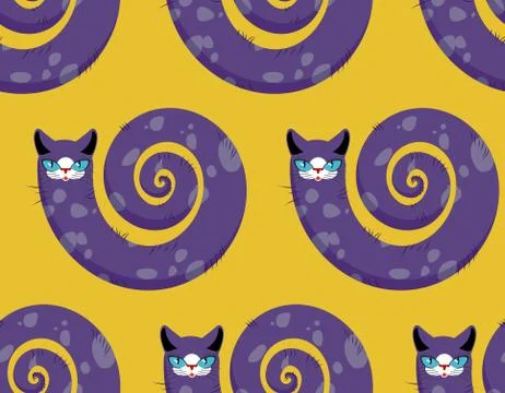 Purple Cat seamless pattern. Fabulous animals vector background. Cats head an Stock Illustration