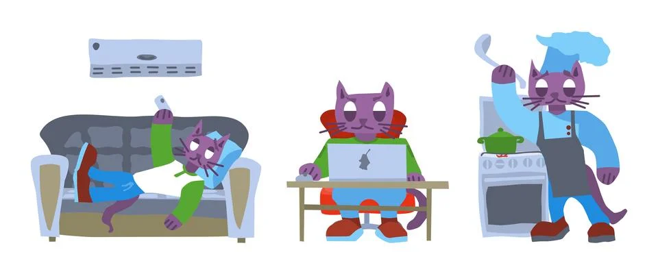 Purple cats on the couch and in the kitchen at the Stock Illustration