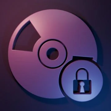 Purple CD or DVD disk with closed padlock icon isolated on purple-blue back.. Stock Illustration