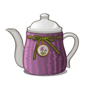 Purple ceramic teapot isolated on white background. Vector cartoon close-up i Stock Illustration