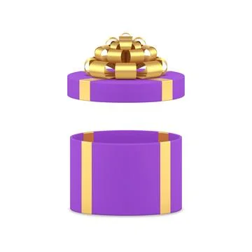 Purple circle empty gift box with open cap golden luxury bow ribbon 3d icon.. Illustrazione stock