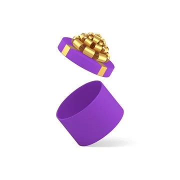 Purple circle open gift box with luxury golden bow ribbon shopping prize 3d.. Stock Illustration