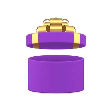 Purple circle open gift box stylish package with golden bow ribbon 3d icon .. Stock Illustration
