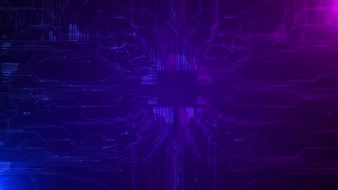 Purple circuit board core background blue magenta electronic lines, central chip Stock Footage 333979391