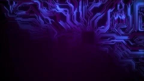 Purple circuit board technology blue glowing traces, dark empty space, detailed Stock Footage 340397866