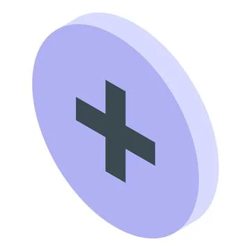 Purple circular button showing plus sign in isometric view 스톡 일러스트