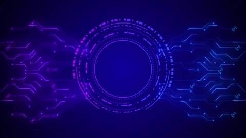 Purple circular HUD interface neon magenta rings, blue circuit lines, dark tech Stock Footage 340457253