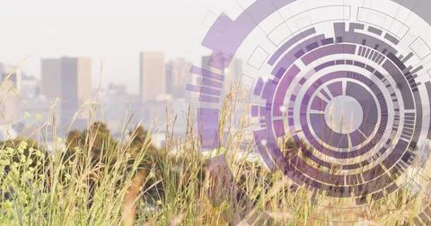 A purple circular interface spins over a transparent background in this digital Stock Illustration