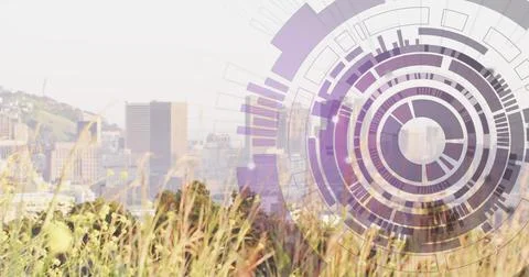 A purple circular interface spins over a transparent background in this digital Ilustração Stock