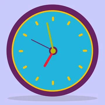 Purple clock icon, round timer on a blue background with a yellow dial. Stock Illustration