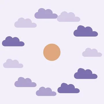 Purple cloud circle surrounding central orange sun on pale lavender backgro.. Stock Illustration