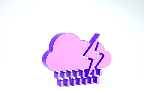 Purple Cloud with rain and lightning icon isolated on white background. Rain  Stock Illustration