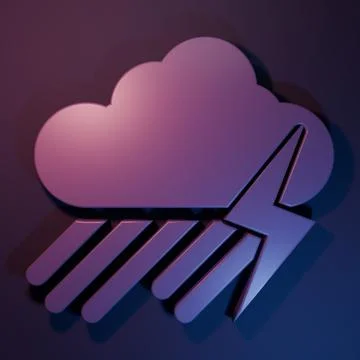 Purple Cloud with rain and lightning icon isolated on purple-blue backgroun.. Stock Illustration