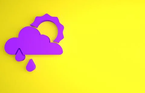 Purple Cloud with rain and sun icon isolated on yellow background. Rain cloud Stock Illustration
