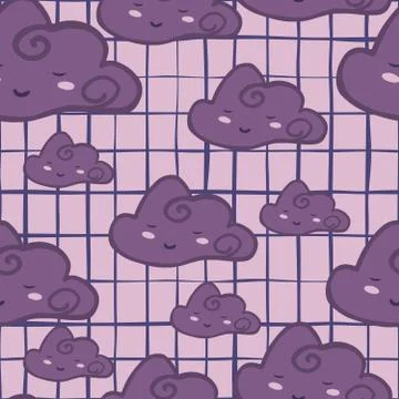 Purple cloud sky seamless pattern on stripes. Doodle character sleeping cloud Illustrazione stock
