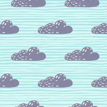 Purple clouds seamless pattern in hand drawn style. Blue striped background.  Stockillustratie