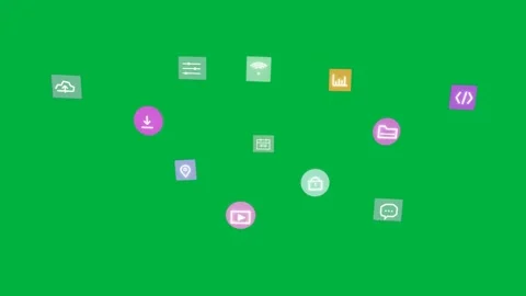 Purple code square and dot appearing right, icons clustering, dispersing on Stock Footage 334726980