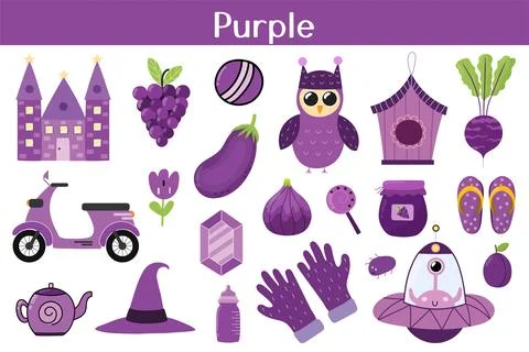 Purple color objects set. Learning colors for kids. Cute elements collection Stock Illustration