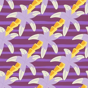 Purple colors palm tree elements seamless doodle pattern. Striped background. Stock Illustration