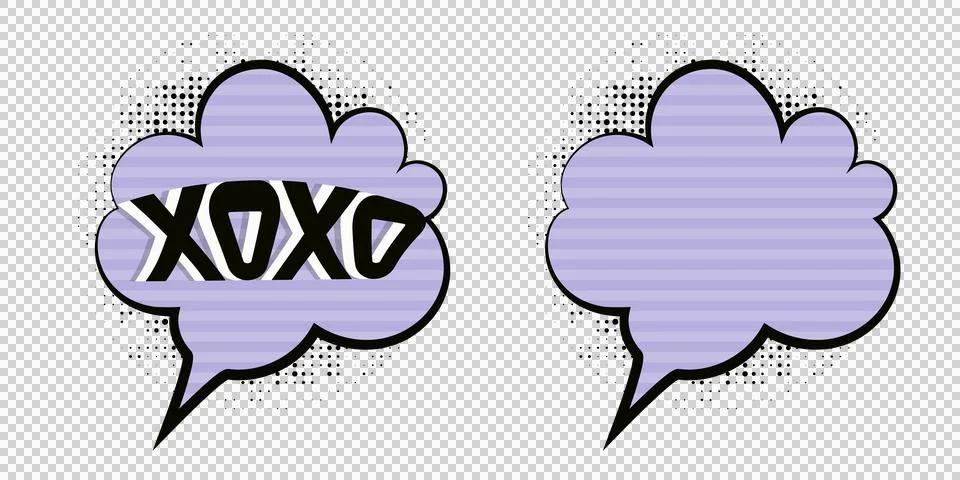 Purple comic speech bubbles with black outlines and text  one with XOXO  on.. Stock Illustration