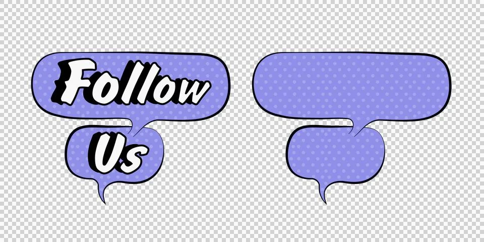 Purple comic speech bubbles with Follow Us text and blank speech bubbles fo.. Stock Illustration