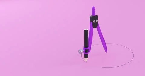 Purple compass drawing perfect circle in pink background 3d render Illustrazione stock