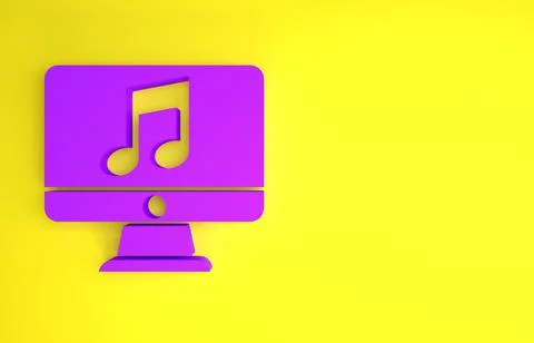 Purple Computer with music note symbol on screen icon isolated on yellow back Stock Illustration