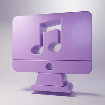 Purple Computer with music note symbol on screen icon isolated on grey back.. Illustrazione stock