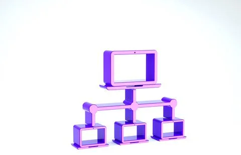 Purple Computer network icon isolated on white background. Laptop network. In Illustrazione stock