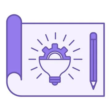Purple Concept Icon. Vector Icon. Sheet of Paper, Glowing Light Bulb, Gear .. Stock Illustration