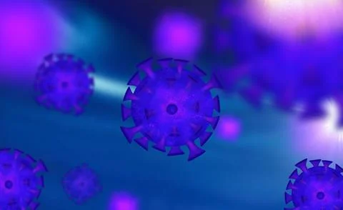 Purple coronavirus cell in focus among blurred particles, 3D render Stock Illustration