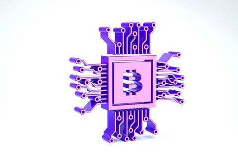 Purple CPU mining farm icon isolated on white background. Bitcoin sign inside 스톡 일러스트